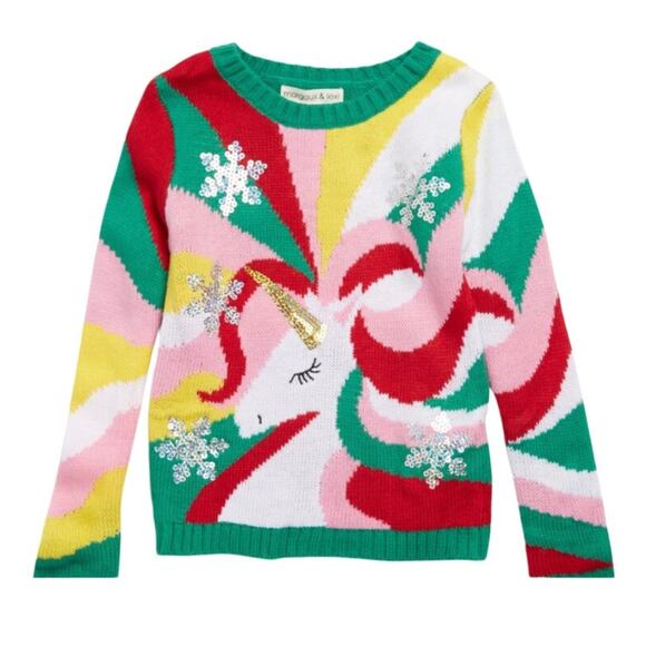 Margaux And Lexi Kids' Sequin Unicorn Holiday Sweater In Candy Stripes - Picture 2 of 7